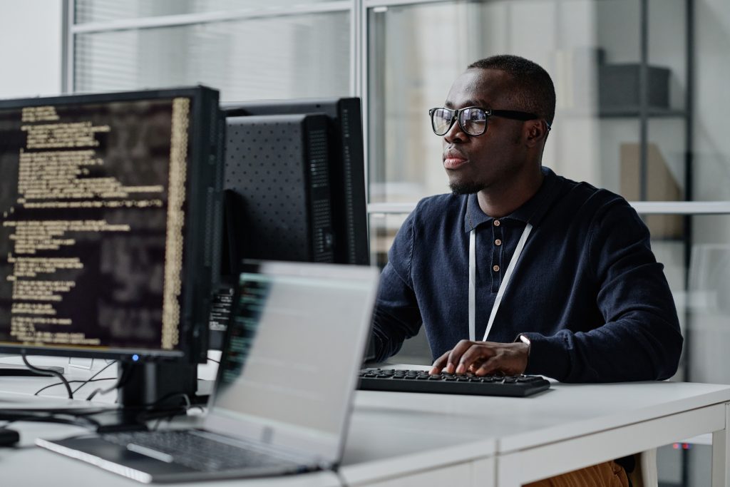 working at computer