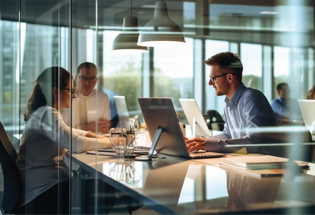 looking through glass at three people in a meeting