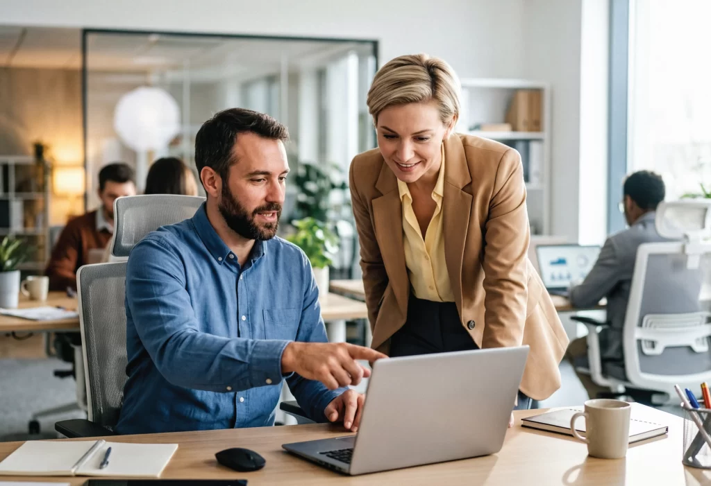 two people in an office space, the man is pointing at his laptop, the woman is looking at what he is pointing at
