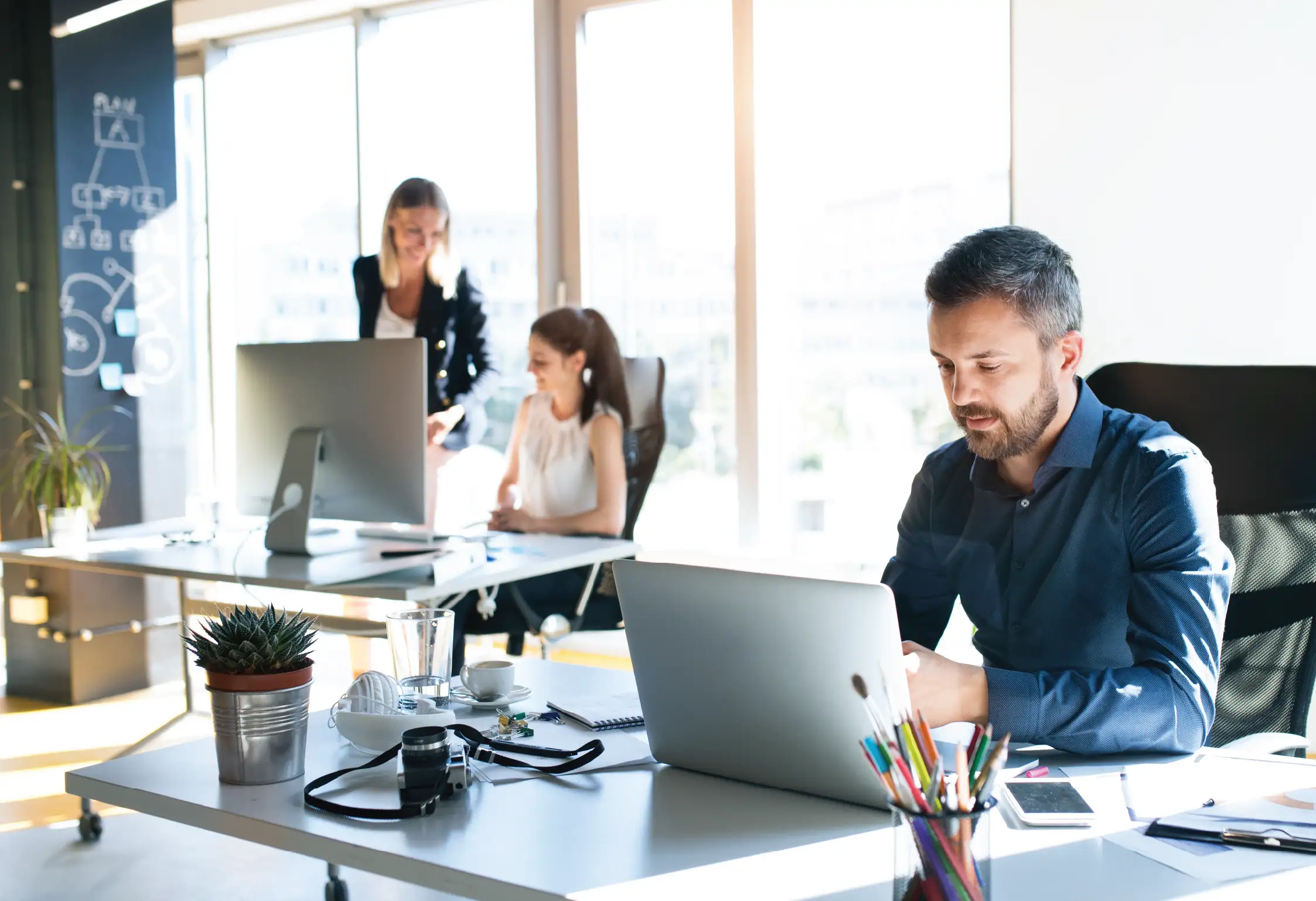 an office with three people working